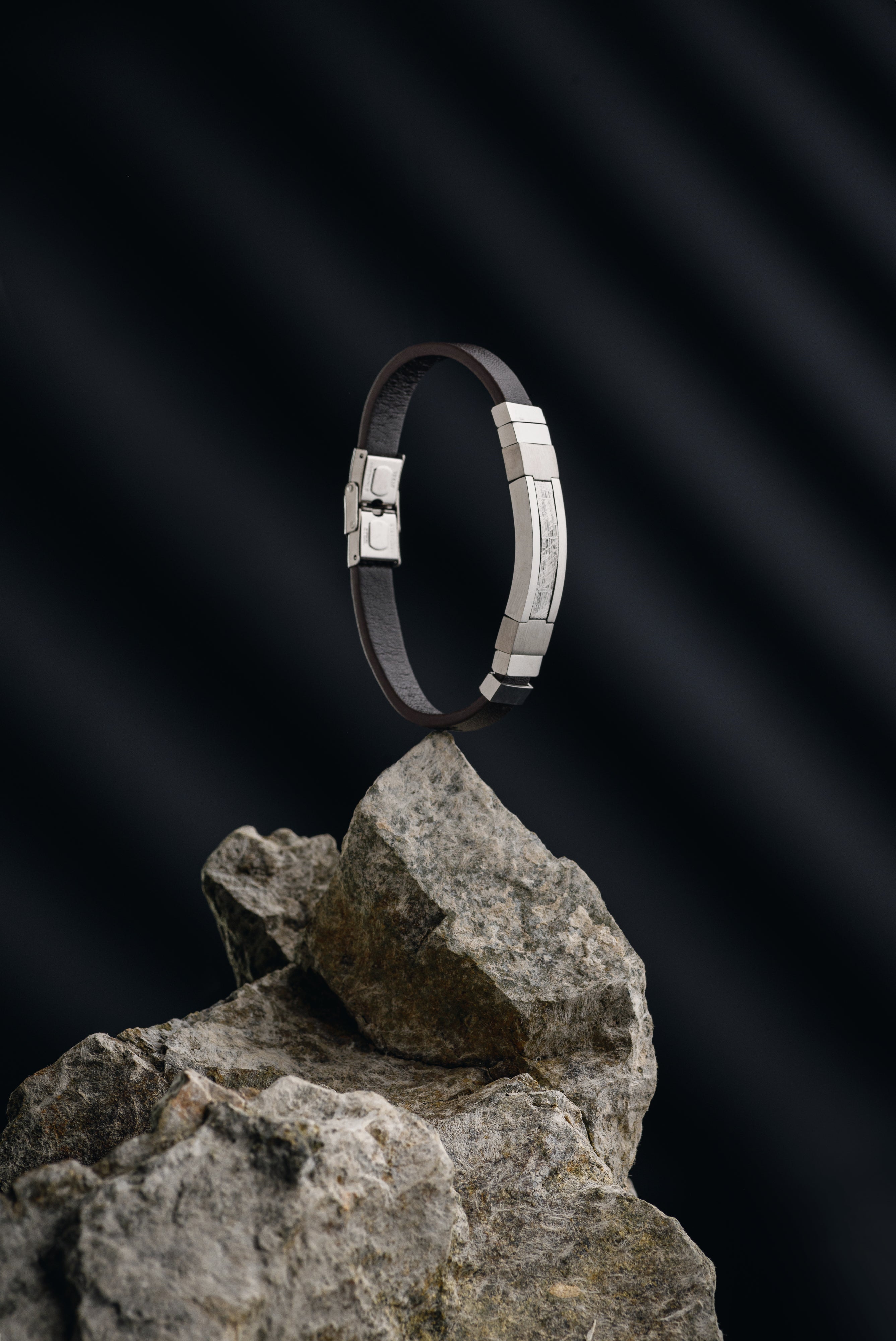 Leather and Stianless steel Muonionlausta meteorite bracelet