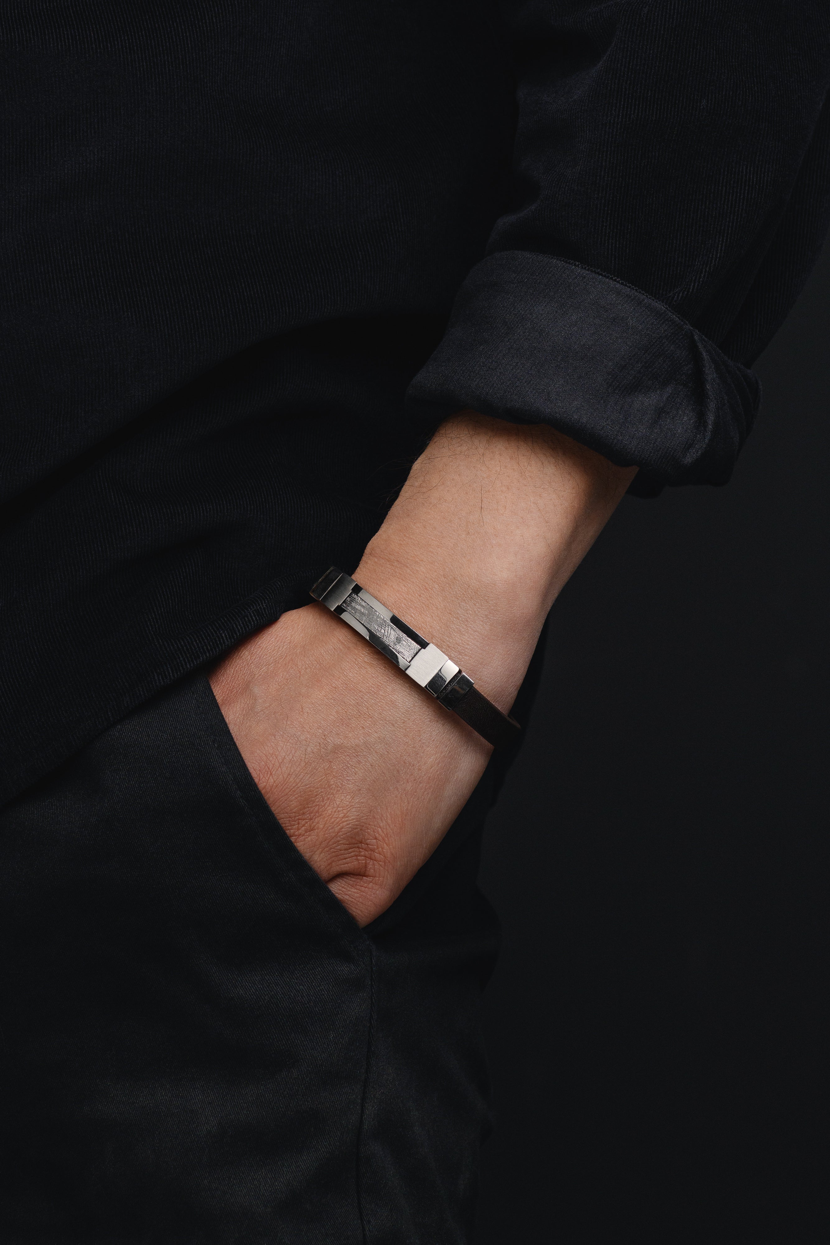 Leather and Stianless steel Muonionlausta meteorite bracelet