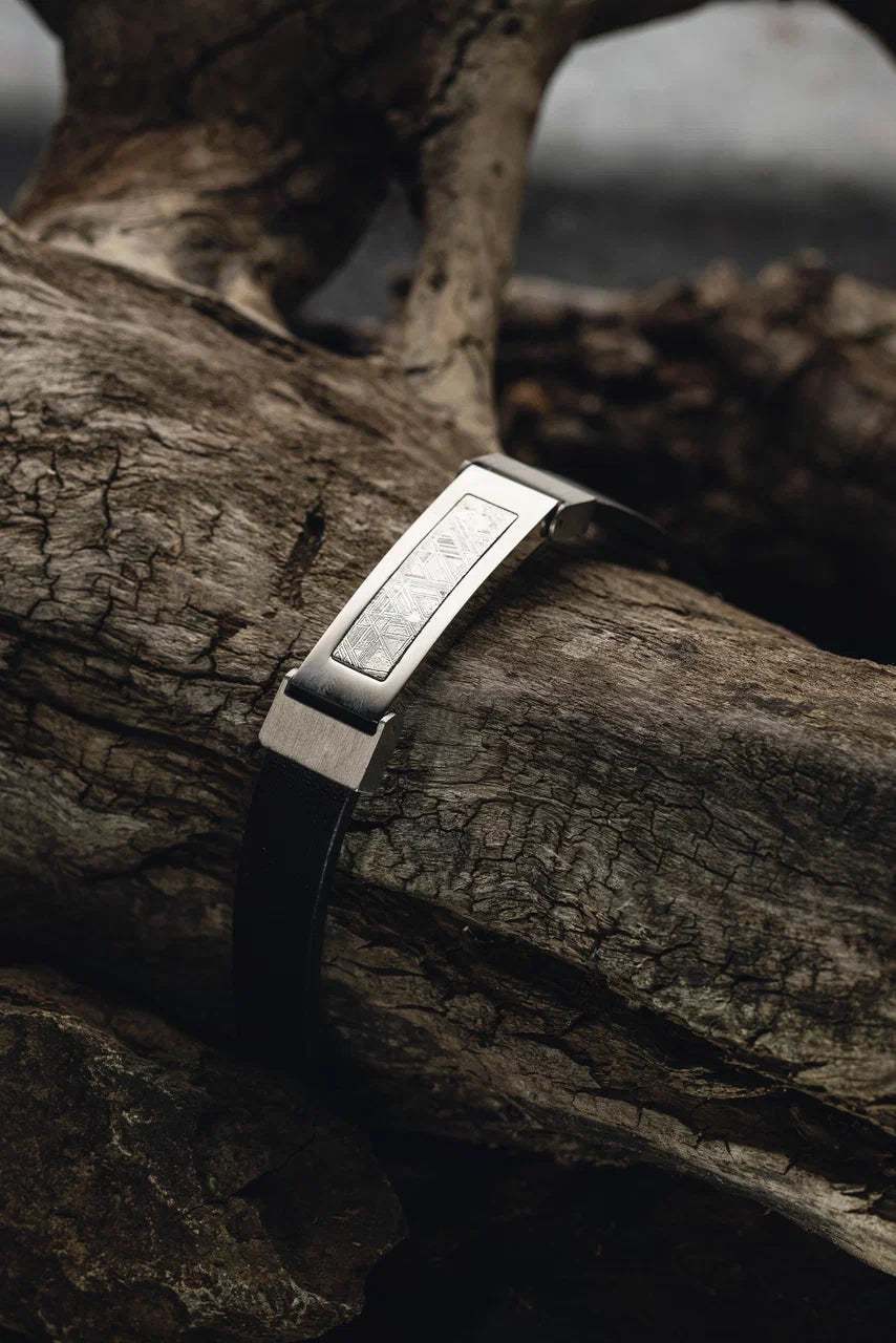 Leather and Stainles steel Meteorite Bracelet