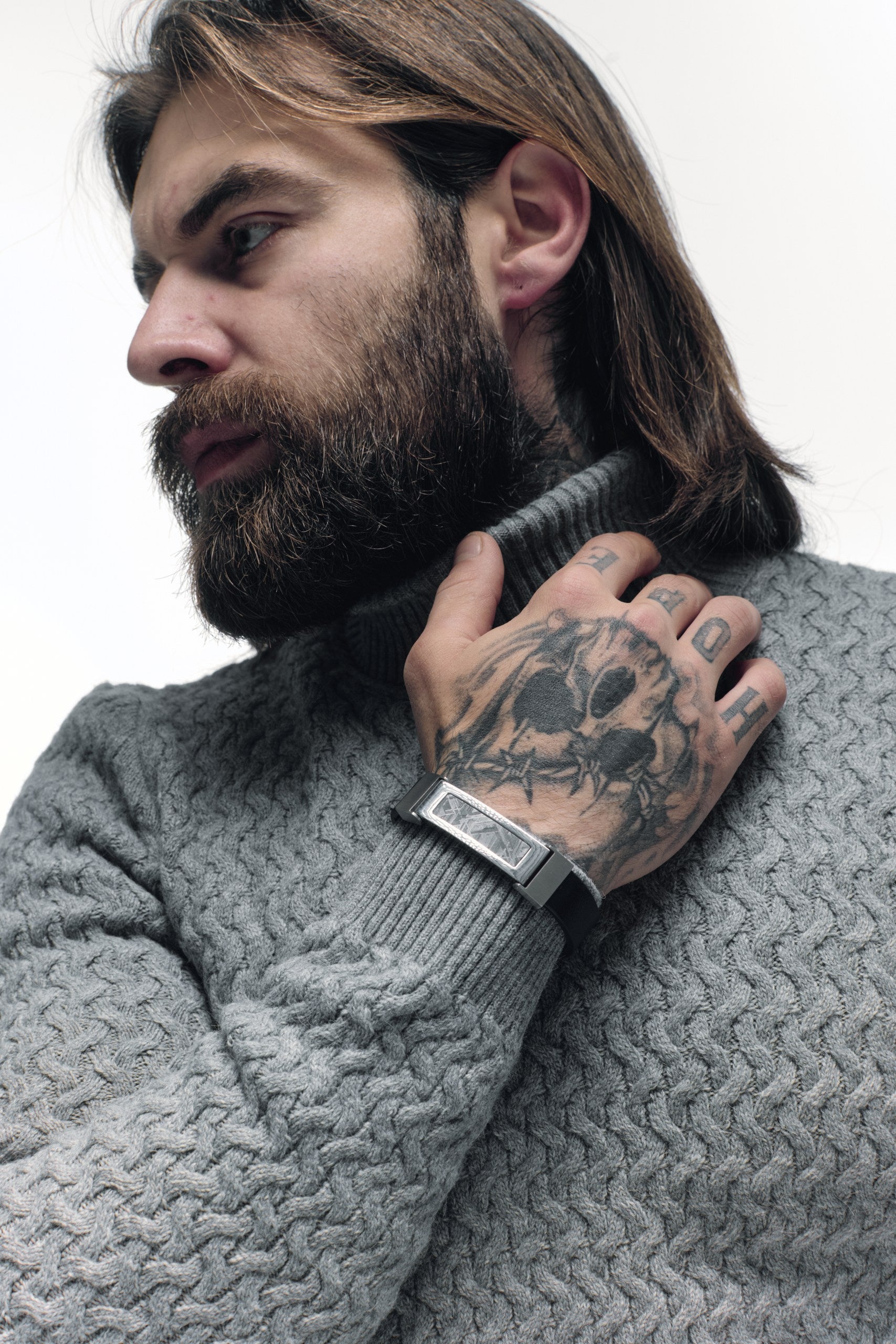 Leather and Stainles steel Meteorite Bracelet