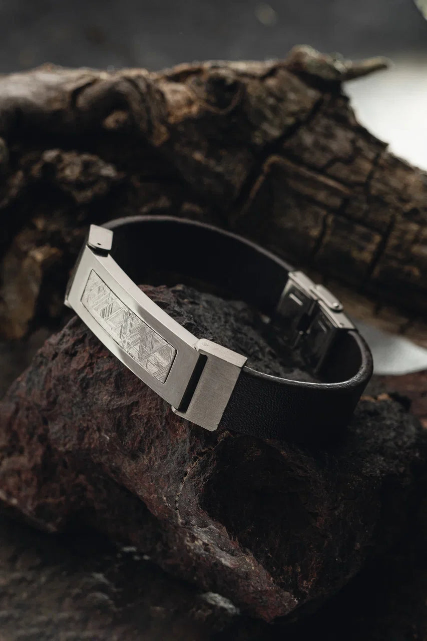 Leather and Stainles steel Meteorite Bracelet