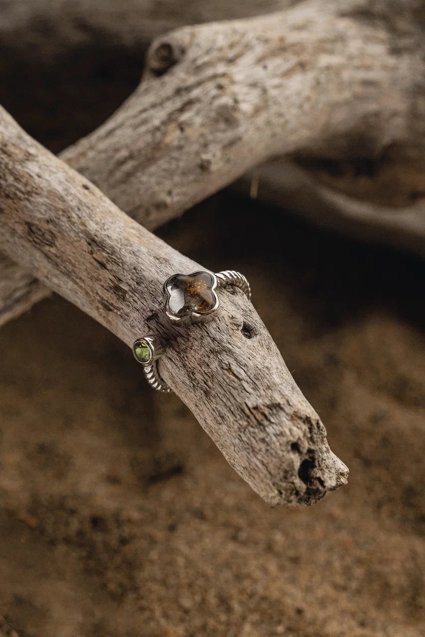 Sericho Meteorite & Moldavite Clover ring